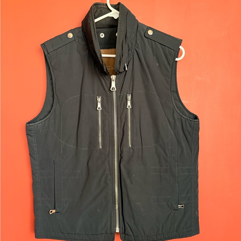 Zara Black Quilted Zip-Up Men's Vest with Stand Collar